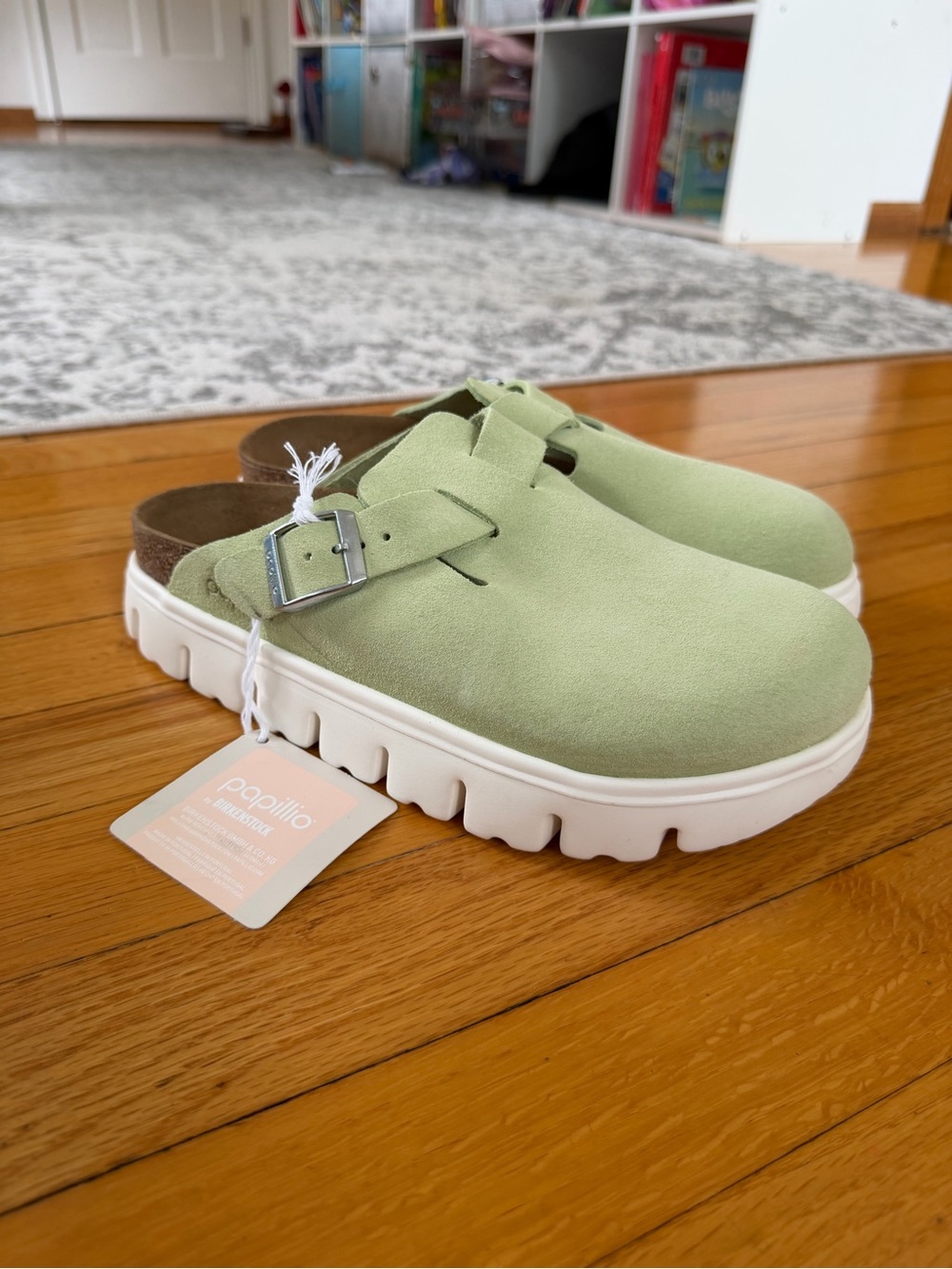 Papillio Mint Green Suede Slip-On Clog with Buckle Boston chunky